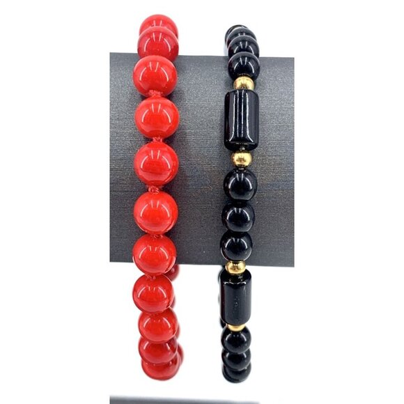Monet Jewelry - Monet Bracelets Red Glass Bead Black Glass Bead and Barrel Lot of 2 Vtg